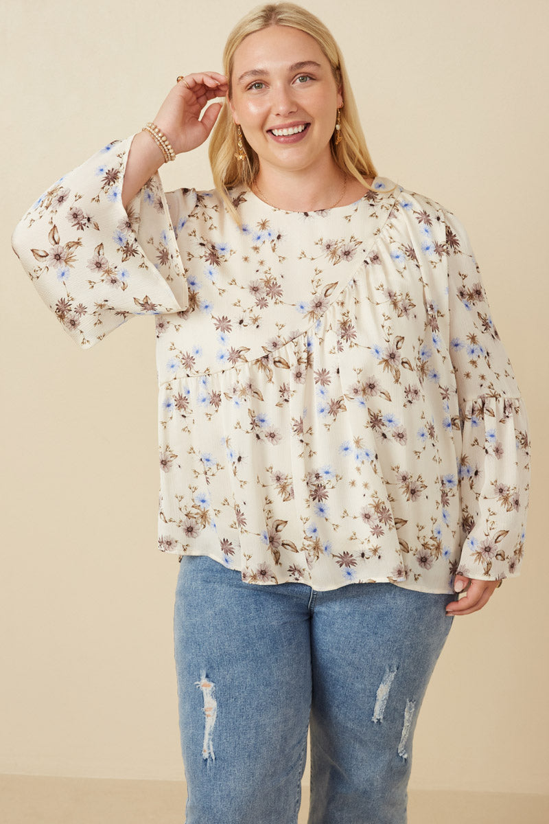 HY7590W Ivory Plus Textured Satin Floral Asymmetric Peasant Sleeve Top Front