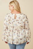 HY7590W Ivory Plus Textured Satin Floral Asymmetric Peasant Sleeve Top Full Body