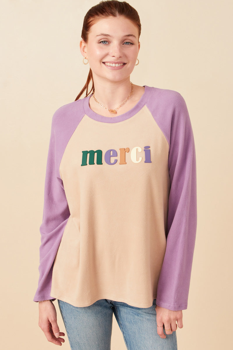 HY7679W Taupe Plus Merci Applique Brushed Color block Raglan Top Front