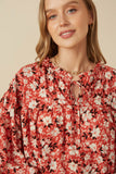 HY7717 Rust Womens Ditsy Floral Ruffle Detail Smocked Cuff Top Gif