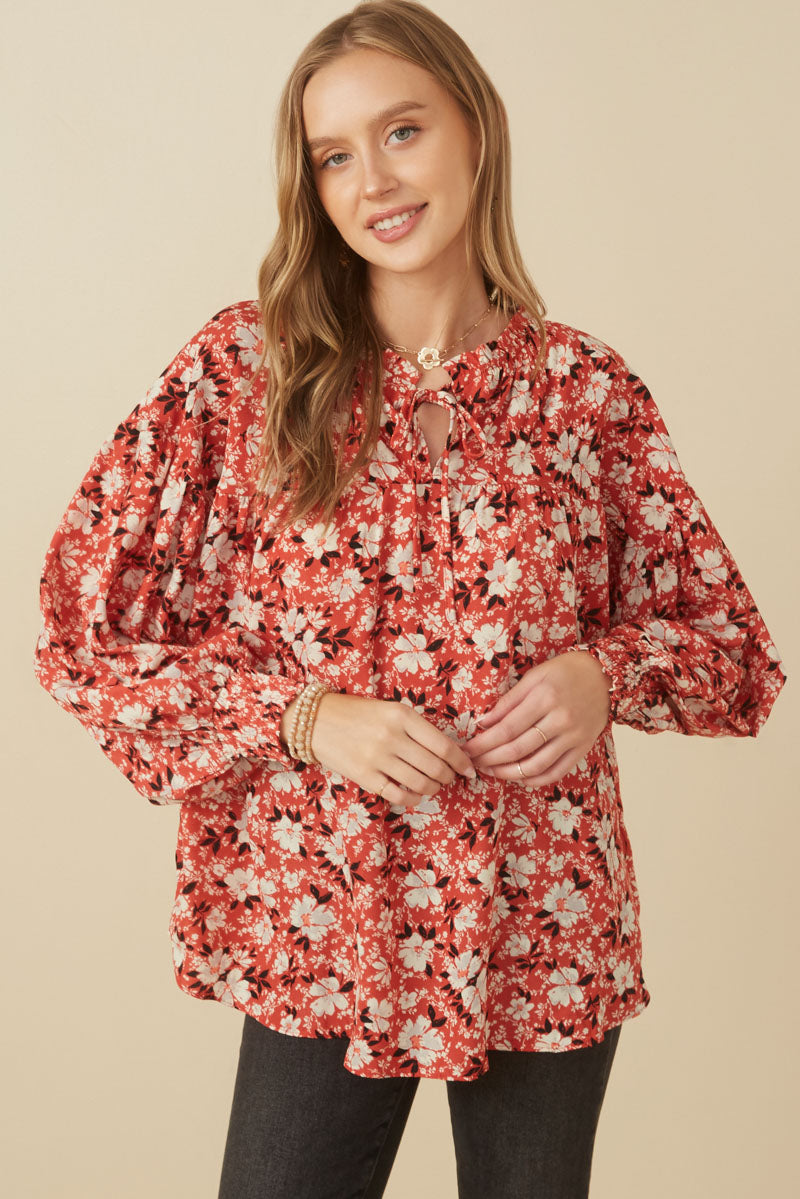 HY7717 Rust Womens Ditsy Floral Ruffle Detail Smocked Cuff Top Back